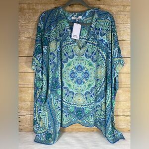 NWT Rose + Olive Medallion Print Dolman Sleeve Boho Kaftan Blouse Size 1X 2X